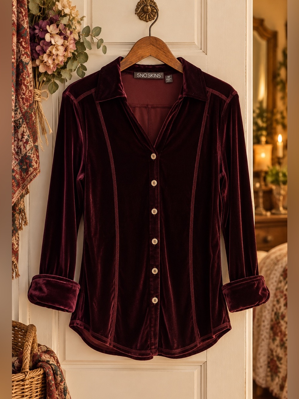 Sno Skins Plushtech Velvet Button Shirt M Deep Wine Made in USA